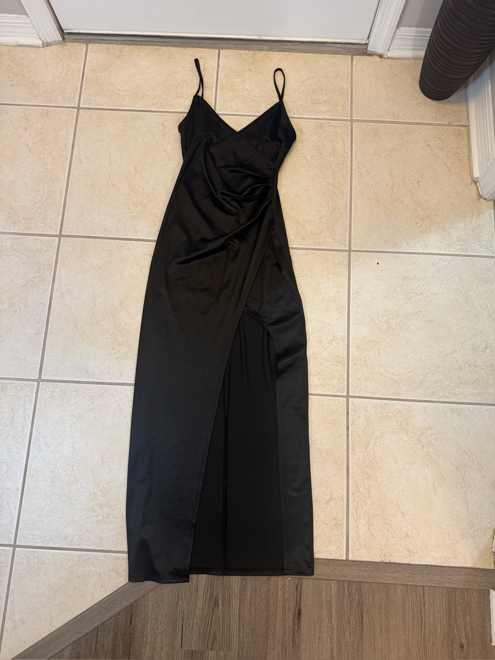 Black Satin Wrap-Front Maxi Dress with Spaghetti Straps